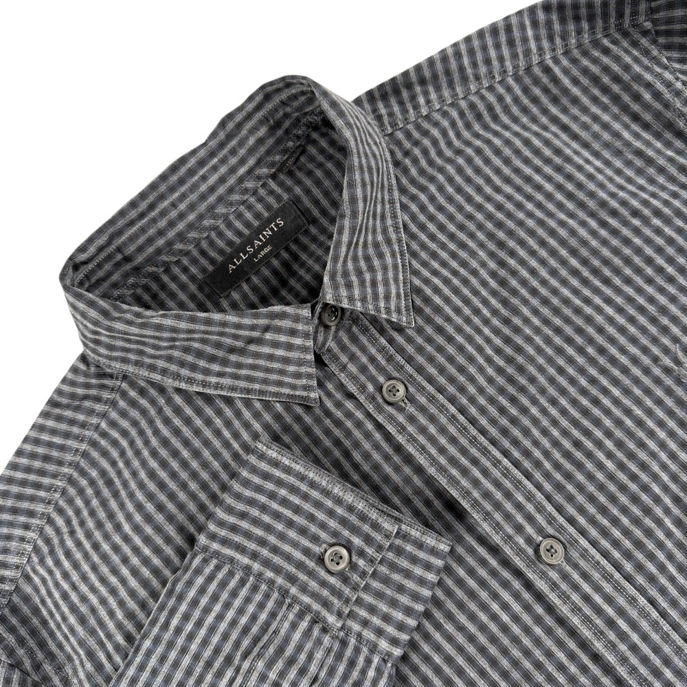 AllSaints Shirt Mens L Gray Black‎ Long Sleeve Button Down Check Pattern Casual